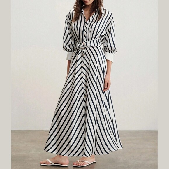 Dresses & Skirts - Navy Striped Collared Belted Button Front Maxi Shirt Dress